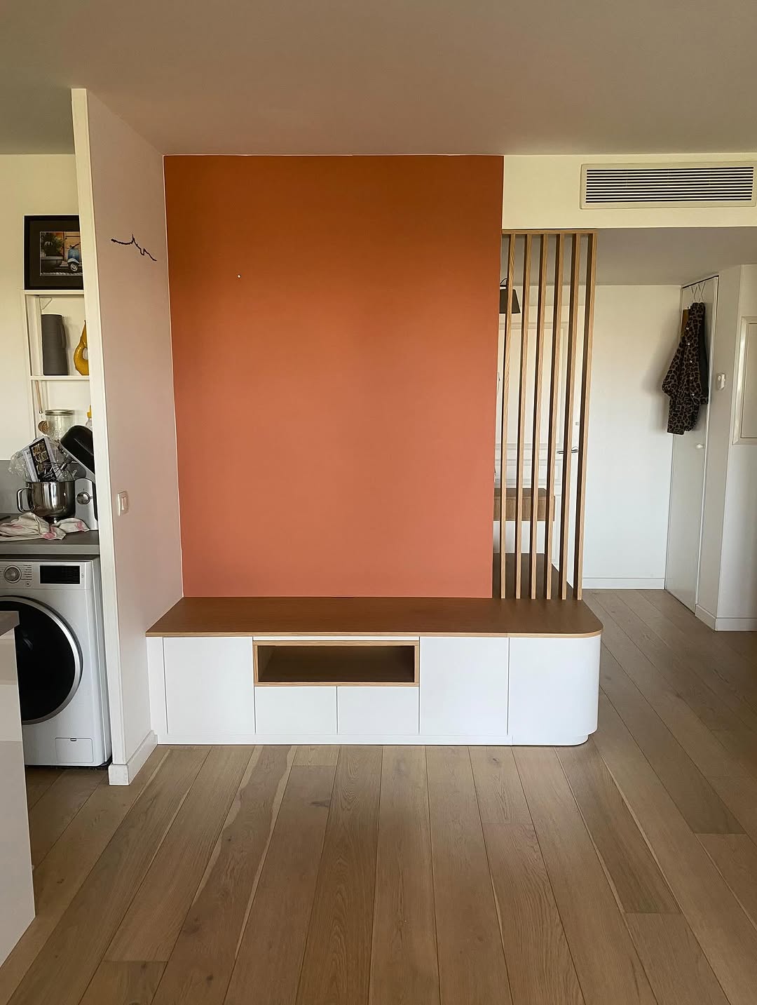 Agencement intérieur intégré, bois clair et mur terracotta